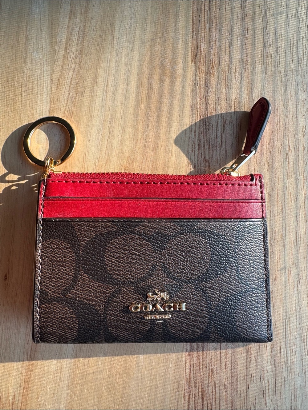 Coach Brown Signature Card Case with Red Trim and Key Ring